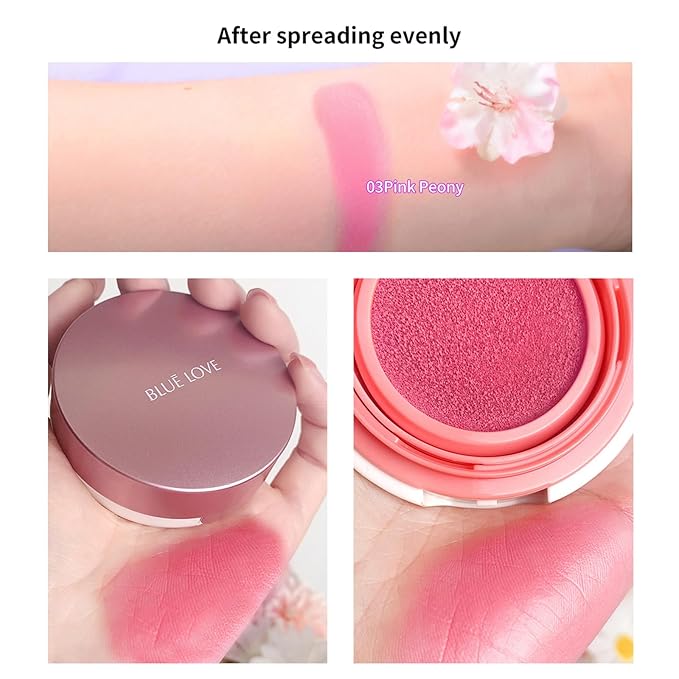 BLUE LOVE Cushion Liquid Blush - Silky Cheek Tint with Mirror, Natural Enhancer for a Radiant Finish, Contours & Highlights for Effortless Elegant (03 Pink Peony)-BrightBean Baby