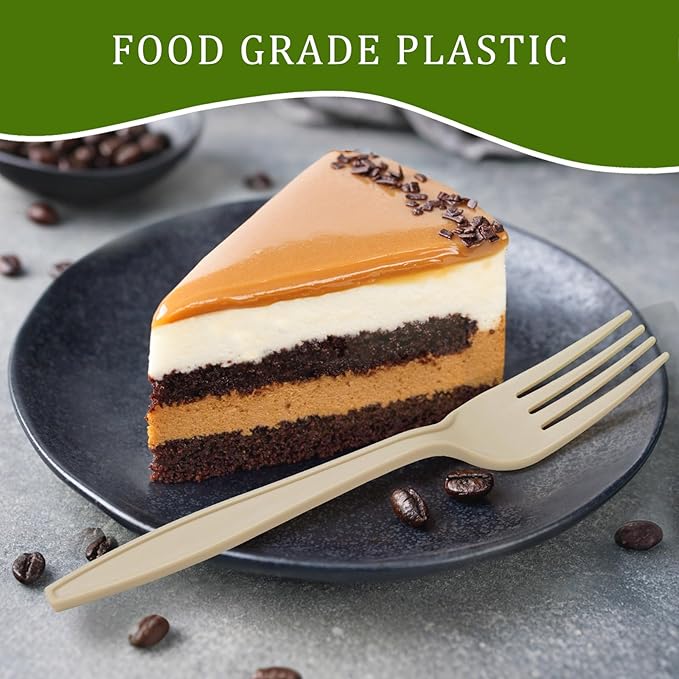 300 Count Compostable Forks, Light Brown Disposable Forks, Heavy Duty No Plastic Silverware, Compostable Utensils for Party, Eco Friendly & Heat Resistant