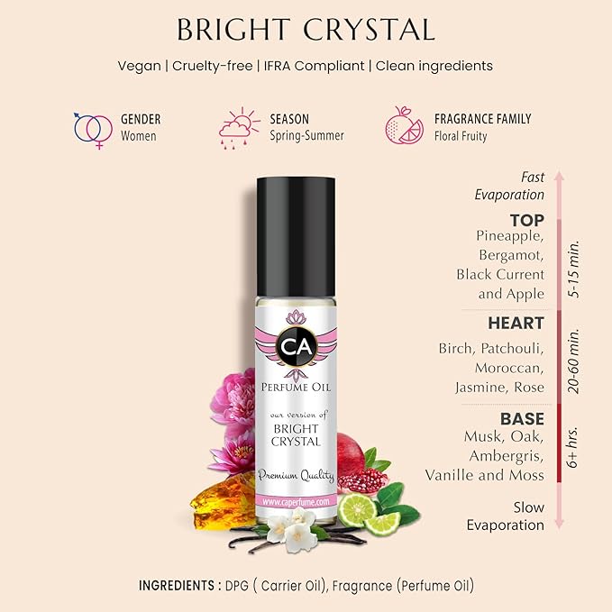 CA Perfume Impression of Bright Crystal For Women Replica Fragrance Body Oil Dupes Alcohol-Free Essential Aromatherapy Sample Travel Size Concentrated Long Lasting Attar Roll-On 0.3 Fl Oz/10ml-BrightBean Baby