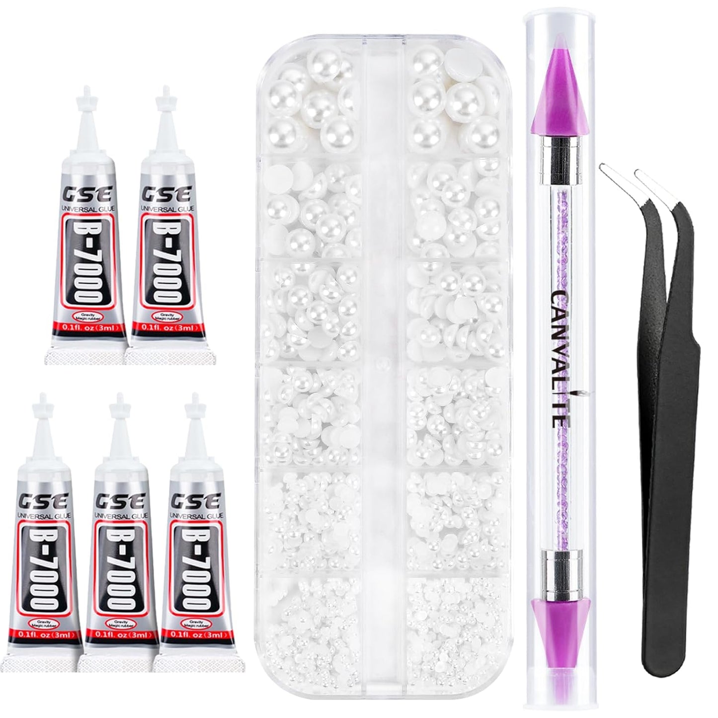 Canvalite Flatback Nail Pearls for Crafting, Multiple Sizes Half Pearls with 5Pcs B7000 Jewelry Glues & Picker Tools Bedazzling Bead for DIY Crafts Clothing Tumblers Shoes Decors Nail Art-BrightBean Baby