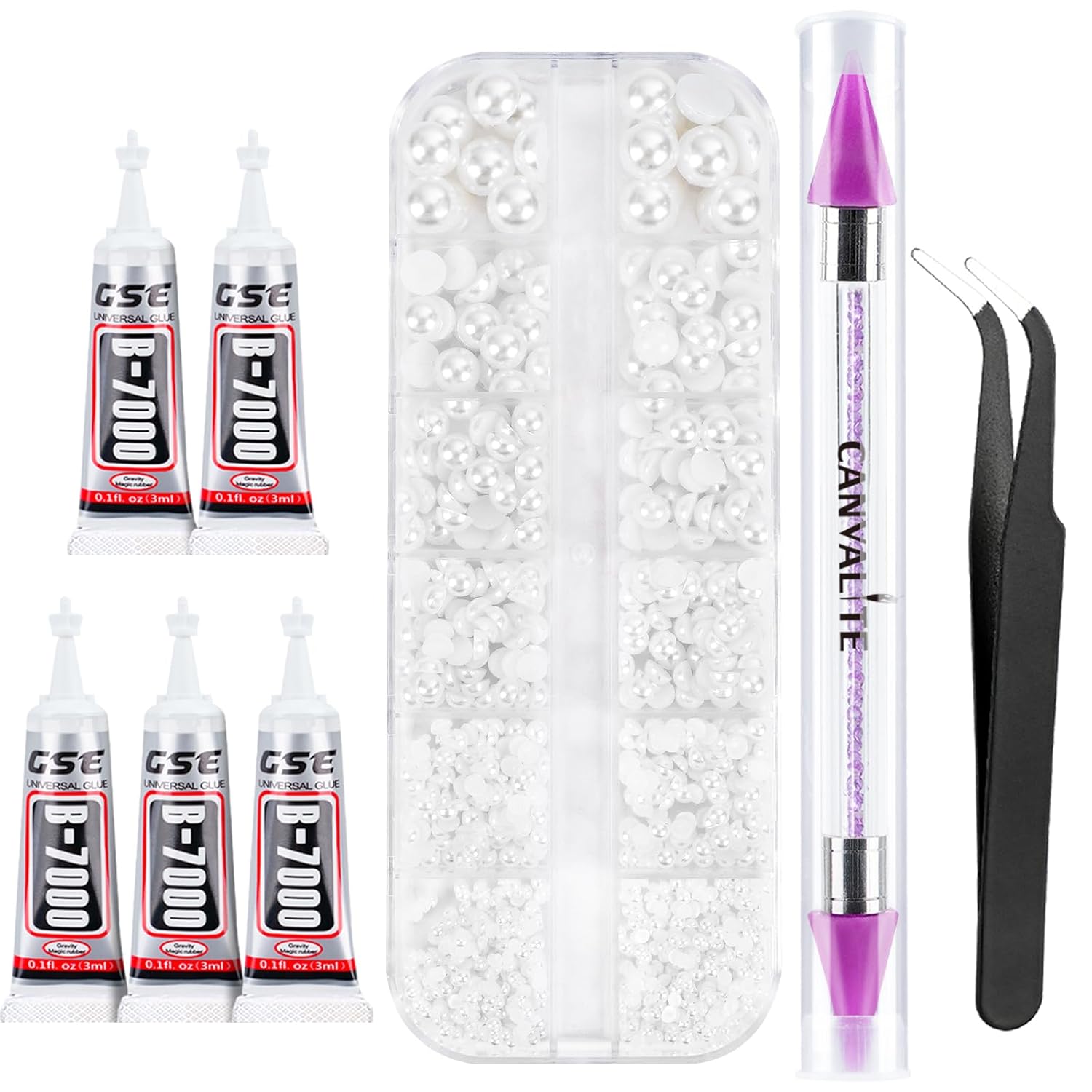 Canvalite Flatback Nail Pearls for Crafting, Multiple Sizes Half Pearls with 5Pcs B7000 Jewelry Glues & Picker Tools Bedazzling Bead for DIY Crafts Clothing Tumblers Shoes Decors Nail Art-BrightBean Baby