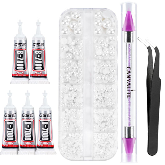 Canvalite Flatback Nail Pearls for Crafting, Multiple Sizes Half Pearls with 5Pcs B7000 Jewelry Glues & Picker Tools Bedazzling Bead for DIY Crafts Clothing Tumblers Shoes Decors Nail Art-BrightBean Baby