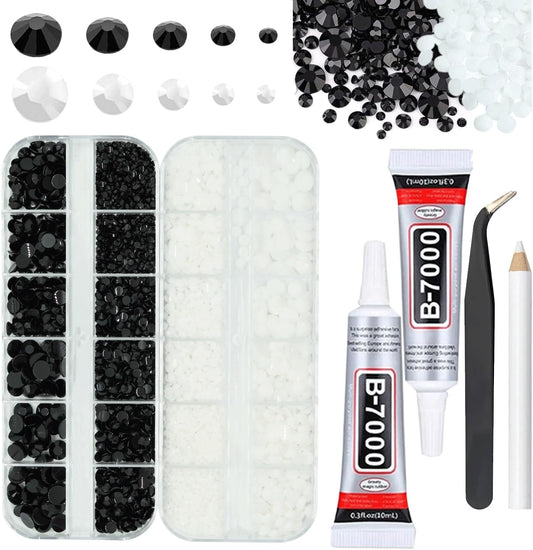 Black And White Rhinestones for Bedazzling With B7000 Glue, 2mm 3mm 4mm 5mm 6mm (SS8-SS30) Non-Hotfix Flatback Nail Gems Beads, Nail Crystals Diamond Kit for Bedazzle Crafting, Nails DIY Art-BrightBean Baby