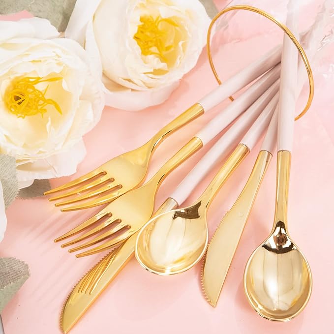Rubtlamp 90Pcs Gold Plastic Silverware, Thanksgiving Gold Utensils Set With Pink Handles Include 30 Gold Knives, 60Plastic Forks and Spoons, Pink Silverware Heavy Duty For Thanksgiving