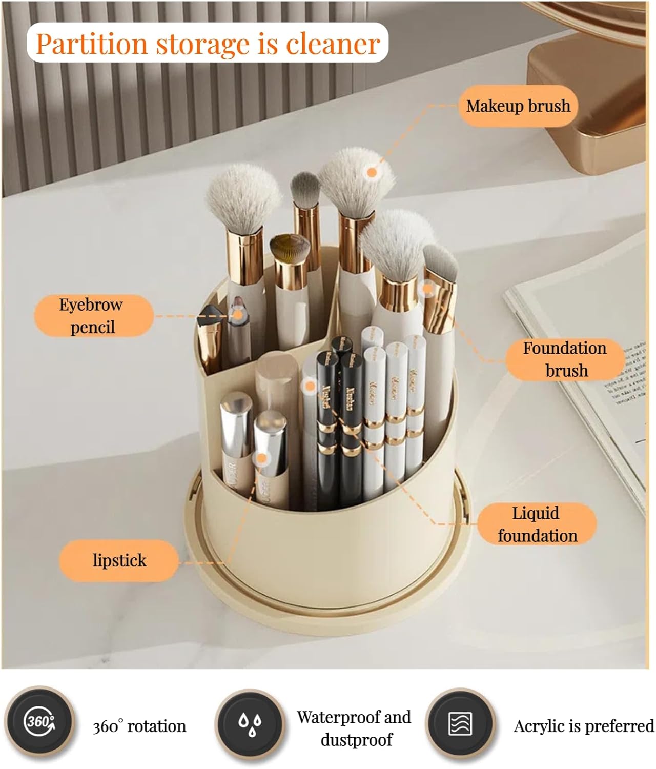 B-H1 Makeup Brush Holder with Dustproof Cover 360 Rotating Makeup Brushes Organizer for Vanity Desktop Bathroom (Gray)-BrightBean Baby