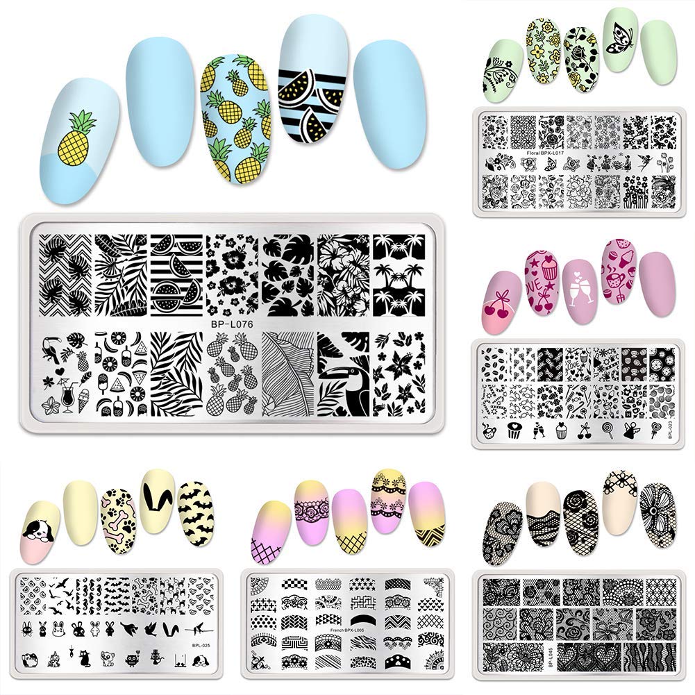 BORN PRETTY Nail Art Stamping Plates Set, Food, Bunnies, Flowers, Lace, Tropical, French Tip Themes Manicuring DIY Nail Templates Plates Print Tool Set-BrightBean Baby