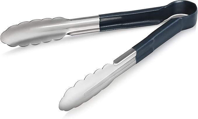 New Star Foodservice 534583 9-Inch Utility Spring Tongs, Stainless Steel, Vinyl Coated, Set of 12, Blue
