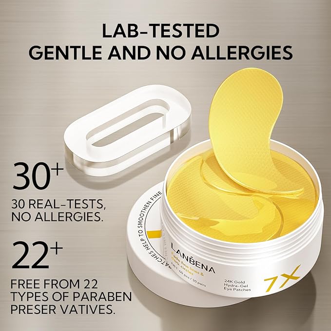 LANBENA 24K Gold Under Eye Patches(30 Pairs) -Cooling Eye Masks for Fine Lines Reduce, with Caffeine Niacinamide Tetrapeptide Hydra-Gel Collagen, Puffy Eyes & Dark Circles & Eye Bags Treatment-BrightBean Baby