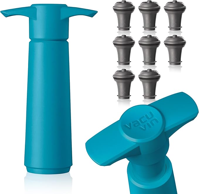 Vacu Vin Wine Saver Pump Blue with Vacuum Wine Stopper - Keep Your Wine Fresh for up to 10 Days - 1 Pump 8 Stoppers - Reusable - Made in the Netherlands