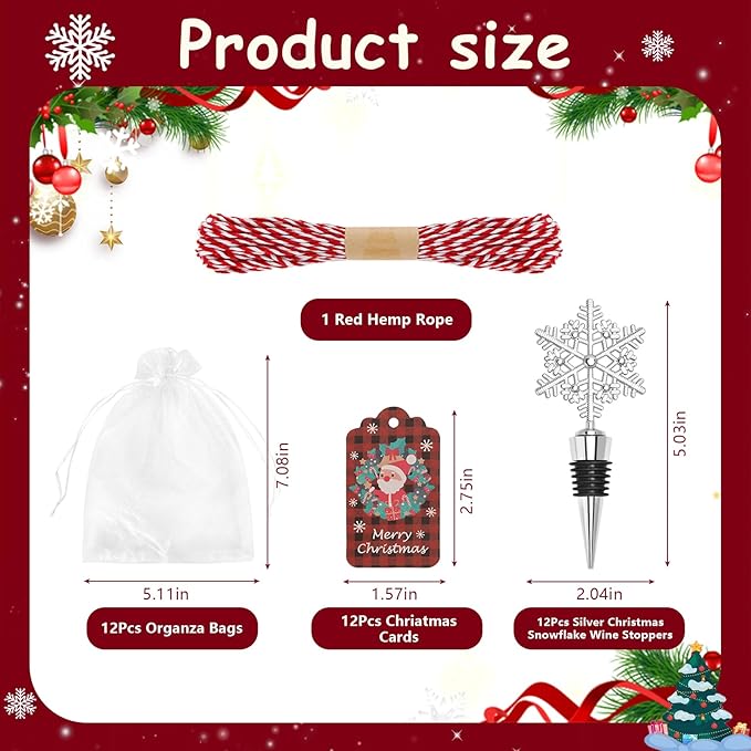 12Pcs Christmas Snowflake Wine Bottle Stopper Bulk Xmas Silver Wine Bottle Corkers Party Favors with Card and Ropes, for Winter Decoration Wedding Holiday Supplies Wine Accessories Gift for Hostess