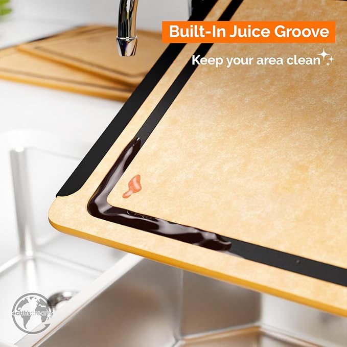 Earth’s Dreams Wood Cutting Board Set 3-Piece: Small, Large & Extra Large - Charcuterie Board, Non-Plastic, Non-Toxic, Heavy-Duty, Dishwasher Safe (Tan/Black)