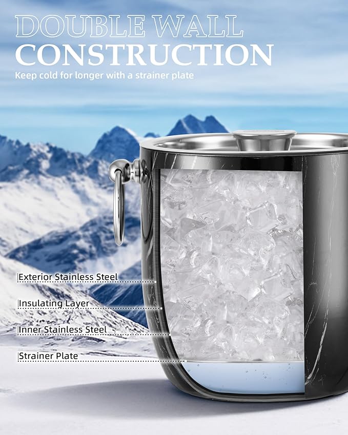 3 Liters Ice Bucket, Double Wall Stainless Steel, Insulated Ice Bucket, Including Strainer & Ice Cover Ice Tongs, Scoope,Black Marble