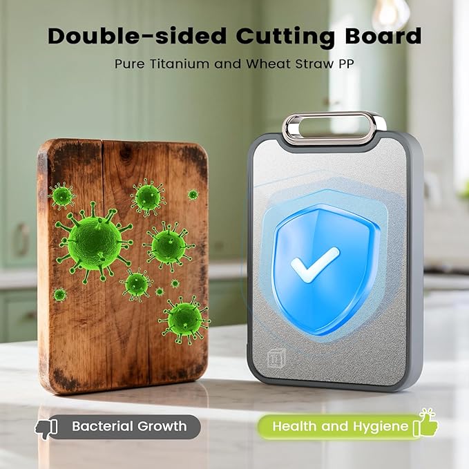 Titanium Cutting Board for Kitchen, Cutting Boards Non Toxic Double Sided Metal Pure Titanium and Wheat Straw PP Chopping Board Food Grade Easy to Clean Large Size 16"*10"*0.9"(Grey)
