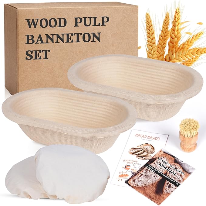 Non-Stick Oval Wood Pulp Banneton Bread Proofing Basket Set Of 2, Sourdough Banneton Basket Set, Bread Making Tool Brotform Sourdough Bread Baking Supplies