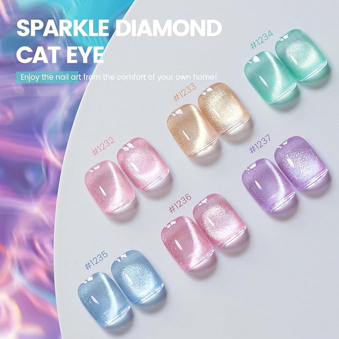 RARJSM Glass Jelly Cat Eye Gel Nail Polish Set 6pcs Reflective Sparkly Diamond Glitter Nude Pink Lake Blue Green Purple Clear Cateye Gelpolish with Magnet Stick 7.5ml Curing Requires for Home Salon-BrightBean Baby