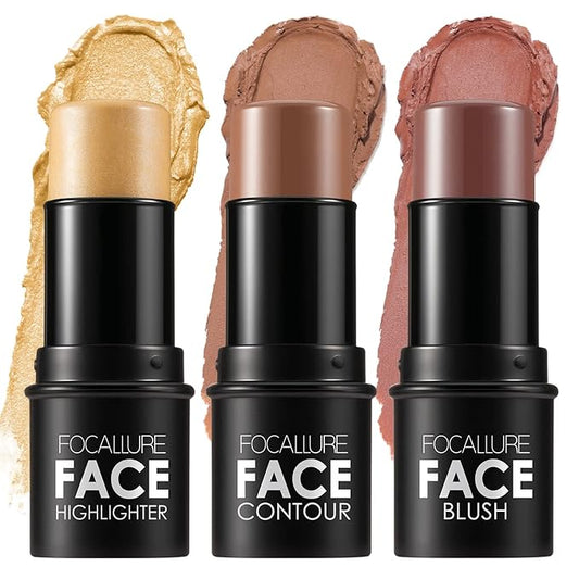 FOCALLURE 3 Pcs Cream Contour Sticks,Shades with Highlighter & Bronzer & Blush,Non-greasy Long-wear Face Contouring Pen,Easy to Sculpt the Face and Create a Lightweight Finishing Makeup,MEDIUM-WARM-BrightBean Baby