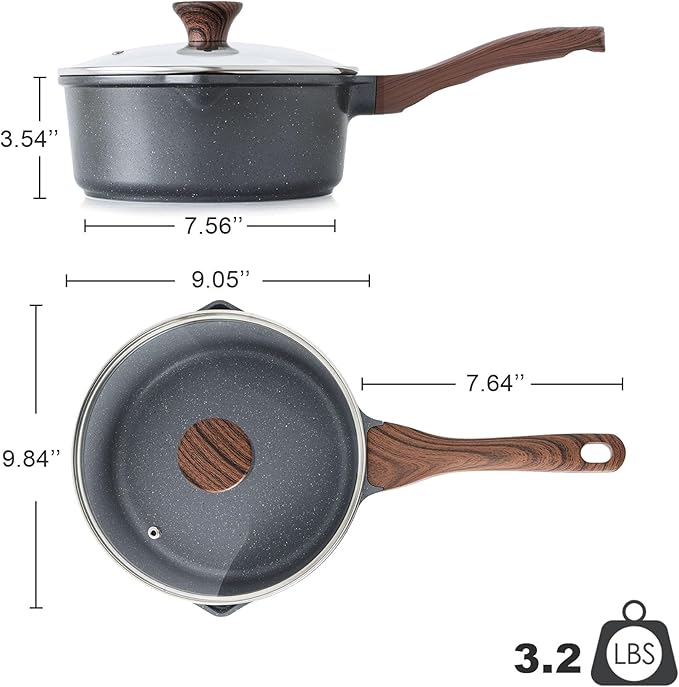 SENSARTE Nonstick Sauce Pan with Double Spout 3.0 Quarts - Swiss Granite Coating with Lid