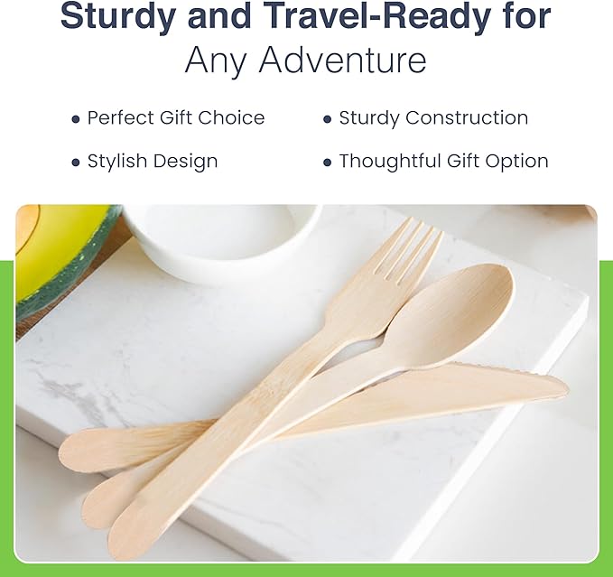 Compostable Cutlery Set - 300 PCS Wooden Utensils [120 Forks, 90 Spoons, 90 Knives] - Eco-Friendly Wooden Disposable Utensils - Compostable Forks and Spoons - Disposable Cutlery Set Party Utensils