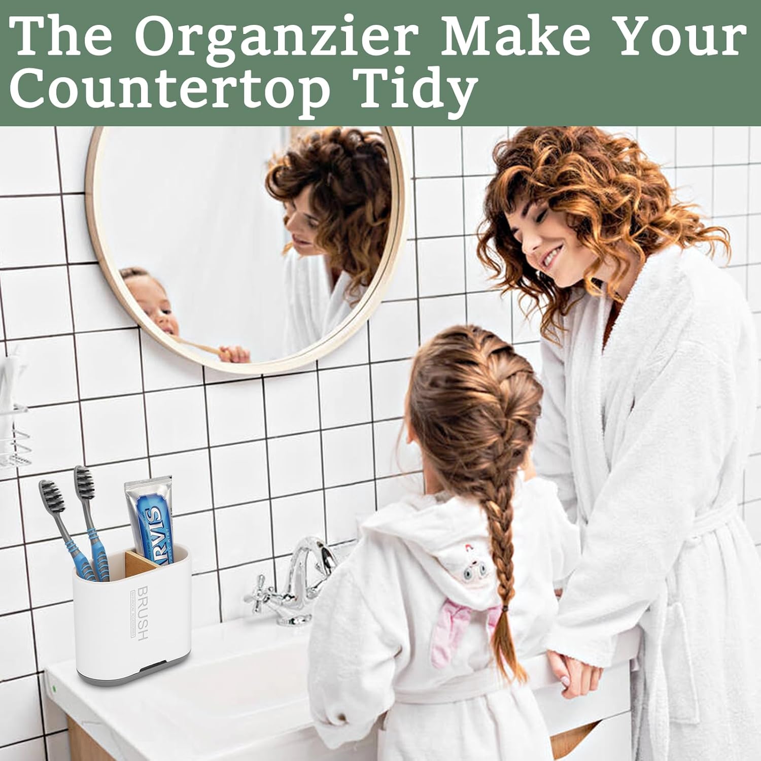 Toothbrush and Toothpaste Holder with Bamboo Divider for Bathroom Countertop Organizer, Detachable for Easy Clean, 2 Slots Electric Toothbrush Holders Storage Caddy Drainage for Family-White-BrightBean Baby