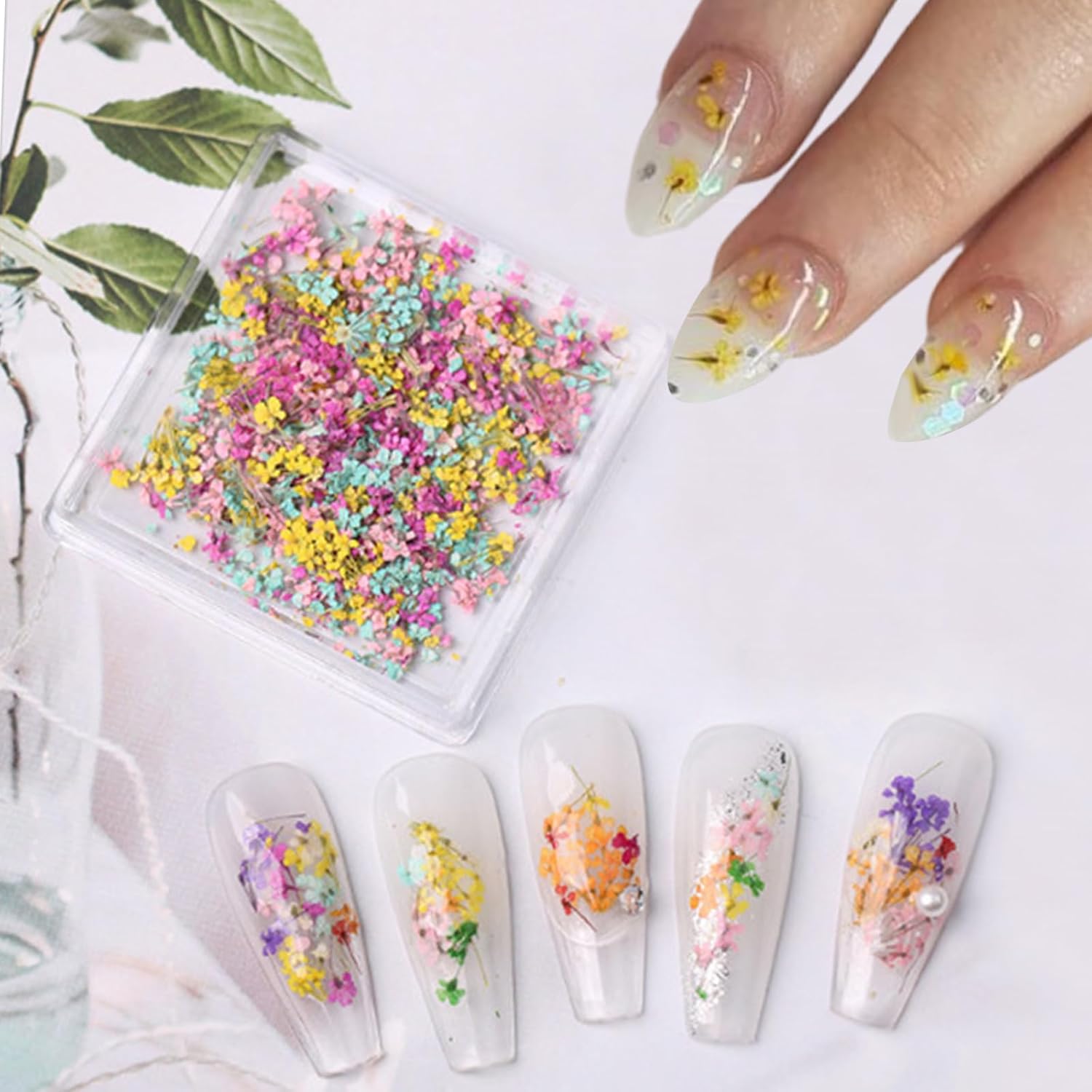 1 Box of Dried Flower Nail Stickers, Colored Dried Flower Nail Stickers, mini Real Flowers, Natural Flowers, 3D Baby's Breath Floral Art, Ladies and Girls DIY Nail Art Decoration-BrightBean Baby