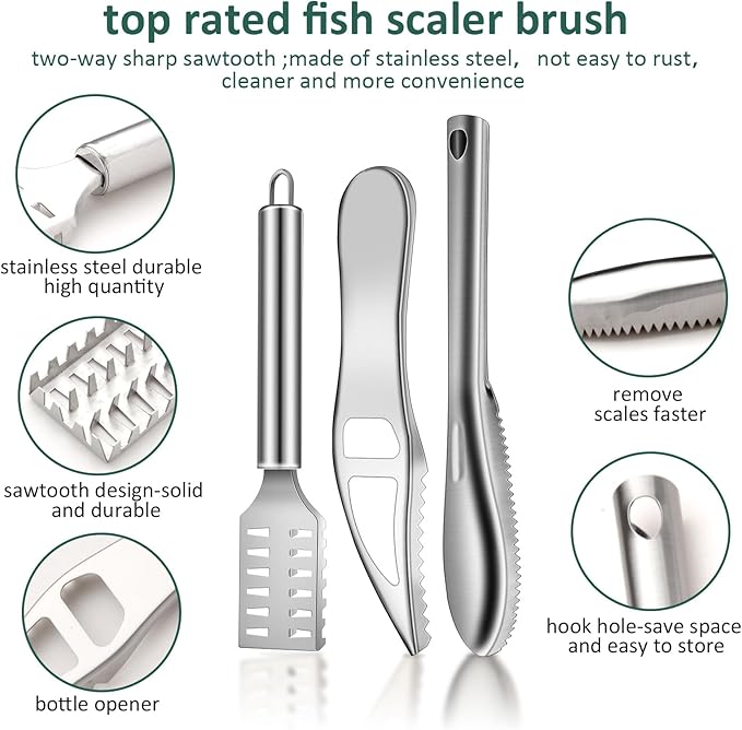 3Pcs Fish Scaler Remover, Fish Scaler Brush, Stainless Steel Fish Cleaning Kit Fish Scaler Fish Skin Graters Cleaning Peeler Scaler Scraper with Bottle Opener for Kitchen Fish Scales Removing Peeling