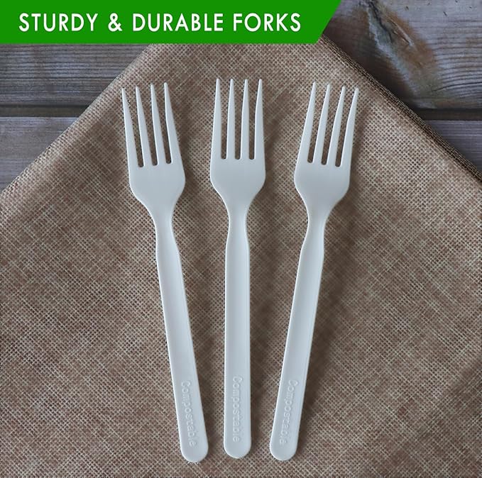 GreenWorks Heavy-duty Compostable Forks, BPI Certified 100 Count Large Disposable Cutlery Utensils Silverware Flatware Fork
