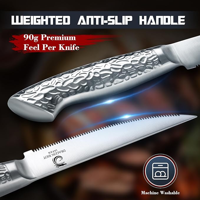 DRAGON RIOT Steak Knives Set of 6 Serrated Edge Steak Knife Set Japanese Stainless Steel Dinner Knife Diswasher Safe Steak Knives with Gift Box