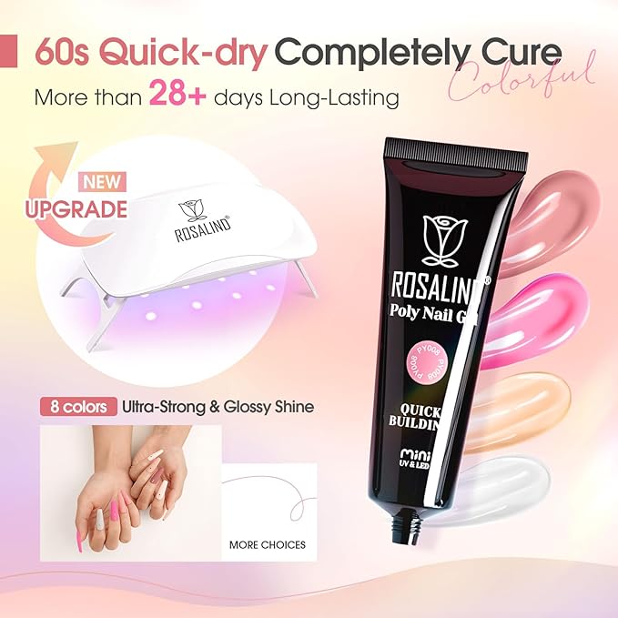 ROSALIND 8PCS Poly Nail Gel Kit with Mini Nail Lamp Clear Nude Purple Brown Poly Extension Gel Kit Mini Starter Kit-BrightBean Baby