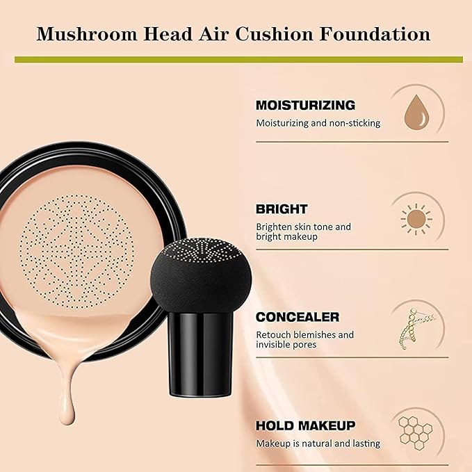 Beauty Glazed Mushroom Head Air Cushion CC Cream Foundation Cover Concealer Makeup Moisturizing Brightening Pigment Liquid Foundation, Even Skin Tone Makeup Base BB # 02 Naturel-BrightBean Baby