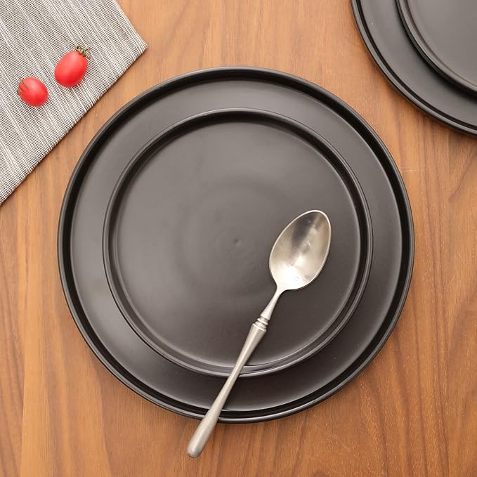 Stone Lain Coupe - Celina Stoneware Round Dinner Plates Set, 4-Piece, Black Matte