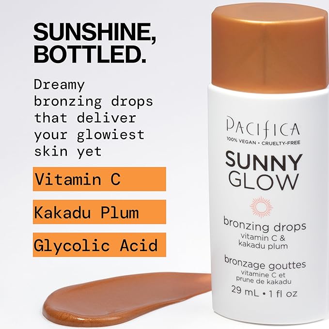 Pacifica Sunny Glow Liquid Face Bronzer Drops - Face Makeup Bronzing For Face & Cheeks for Instant Sun-Kissed Glow - Vitamin C & Glycolic Acid Infused Liquid Bronzer Illuminating Highlighting Clean-BrightBean Baby