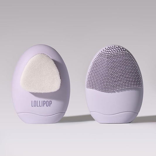 LOLLIPOP Dual-Sided Facial Cleansing Brush | Palm Size Silicone Face Exfoliator and Soft Fiber Cleanser | Manual Face Scrubber for Pores, Makeup Removal, Blackhead and Skincare Routine, Plum-BrightBean Baby