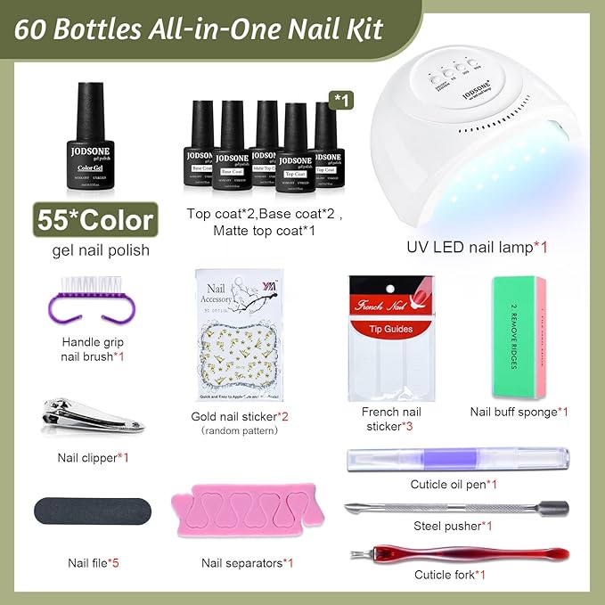 JODSONE 60 PCS Gel Nail Polish Kit with U V Light 55 Colors No Wipe Beautiful Colors Nail Gel Polish Base Top Coat Manicure Gifts for Salon and at Home-BrightBean Baby