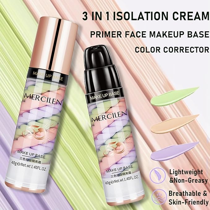 Primer Face Makeup Base, 3 In 1 Isolation Cream Color Corrector, Makeup Primer Skin Tone Correcting and Brightening Primer, Oil Control Moisturizing Face Primer to Hide Wrinkles and Fine Lines-BrightBean Baby