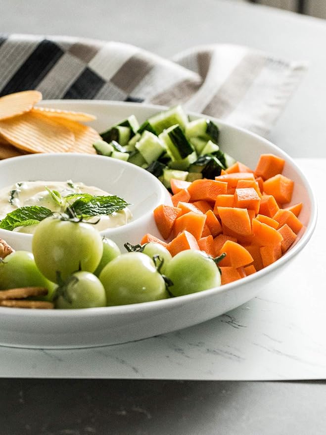 LAUCHUH Porcelain Chip and Dip Serving Set Divided Serving Trays Appetizers and Cheeses Serving Platter Compartment Dish for Thanksgiving, Christmas, Snack, Fruit, Veggies, Candy, 12-inch Set of 1