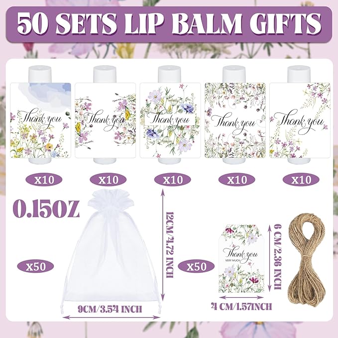 50 Set Employee Appreciation Gifts Bulk Baby Shower Favors Lip Balms Bulk Thank You Gifts Wedding Bridal Shower Bachelorette Gifts Prizes for Guests Women Teacher Coworker Nurse(Wildflower)-BrightBean Baby