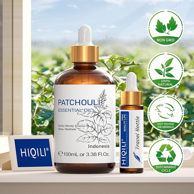 HIQILI Patchouli Essential Oil,100% Pure & Natural for Homemade Perfume, Sooth Skin, Nourish Hair at Home with Diffuser, Gift for Hippie Friend -100ML-BrightBean Baby