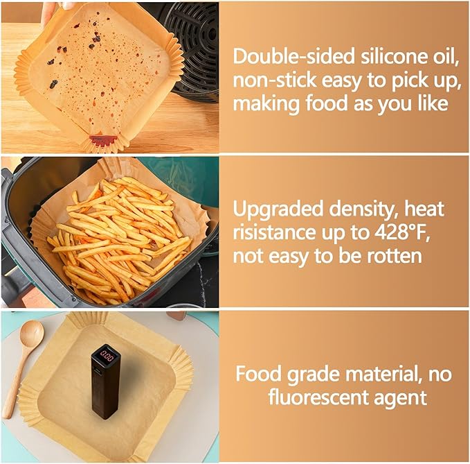 10 Inch Air Fryer Liners Disposable, 200Pcs Air Fryer Paper Liners, Oil-Proof & High-Temperature Resistant Parchment Baking Paper for Air Fryer, Microwave and Oven（Bottom Is 9 Inch）