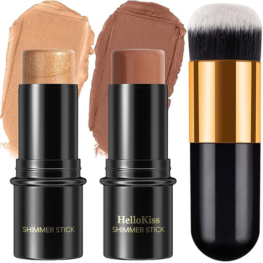 2Pcs Cream Contour Stick Makeup Kit, Cream Highlighter Stick and Bronzer Contour Stick with Longwear Waterproof Formula for Brightening and Trimming the Cheeks, Makeup Brush Include (#05, 06)-BrightBean Baby