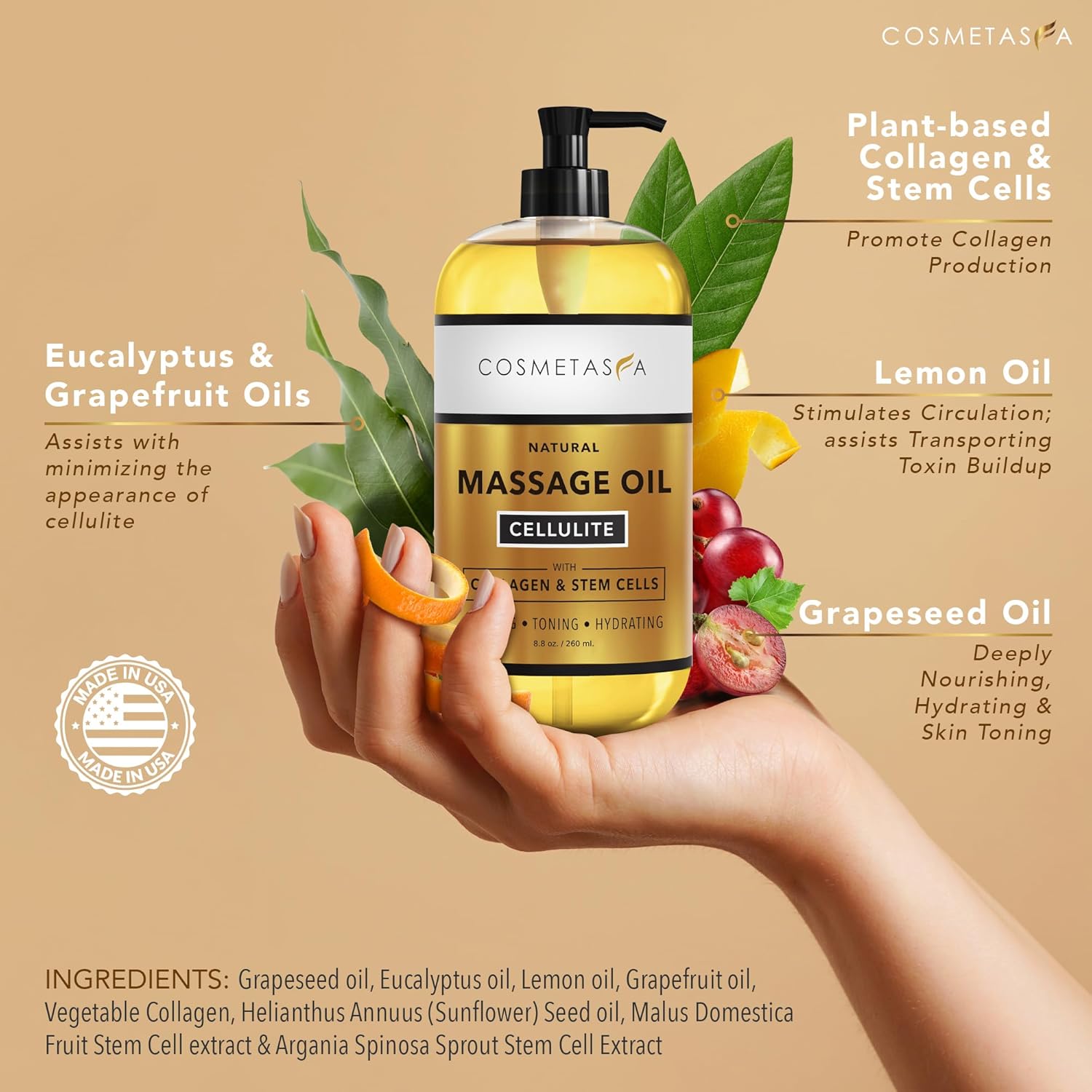 Cellulite Massage Oil with Collagen & Stem Cells- 100% Natural Anti Cellulite Oil, Assists with Firming, Toning & Moisturizes Skin 8.8 oz. by Cosmetasa-BrightBean Baby