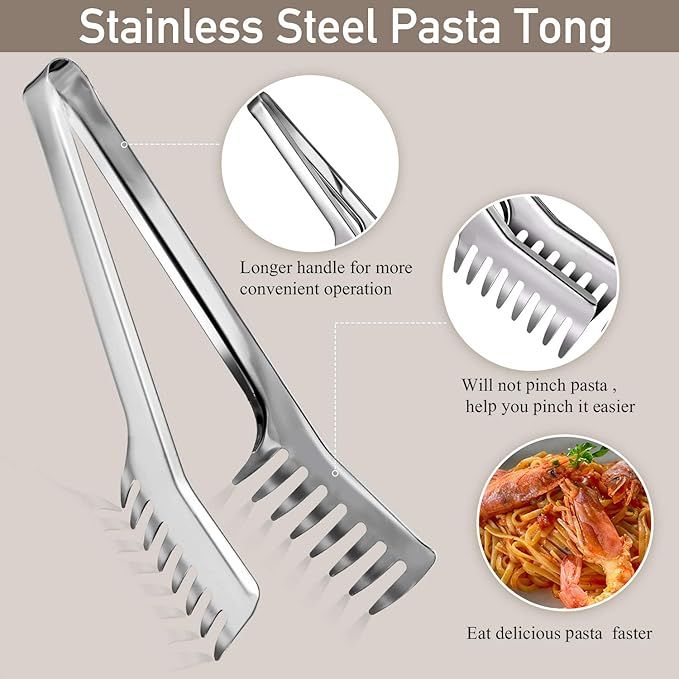 Patelai 2 Pcs Stainless Steel Pasta Spoon with Teeth Large Spaghetti Utensil, 9.4'' Tong and 13.6'' Pasta Fork with Vacuum Handle, Comfortable Grip Design Spoons for Kitchen(Sliver)