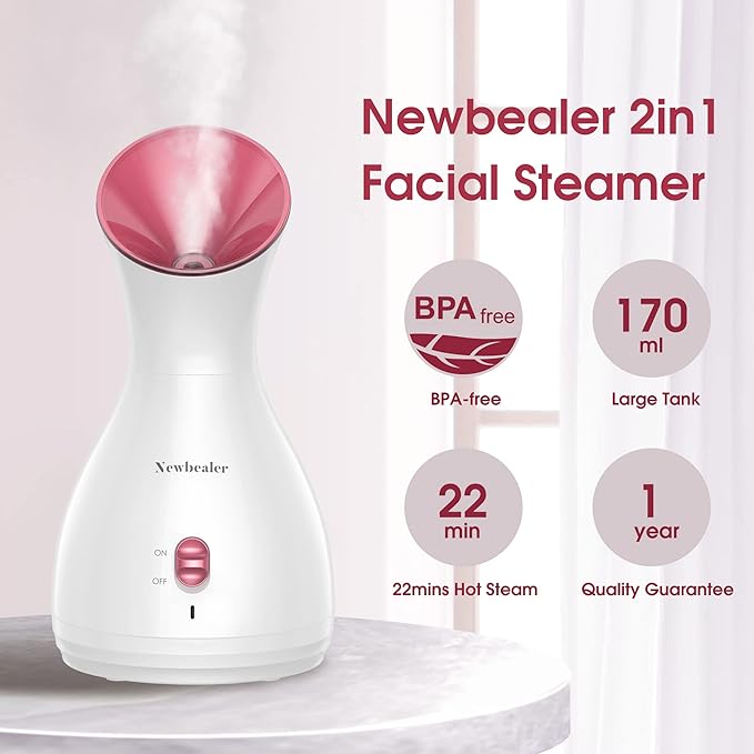 Newbealer 2in1 Facial Steamer, Hot Mist Facial Aromatherapy Humidifier Atomizer, Large Face Steamer Unclogs Pores Sinuses Moisturizing, Home Sauna Spa with Eyebrow Set (Red, 170ml)-BrightBean Baby