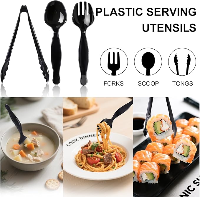 60 Pcs Disposable Black Plastic Serving Utensils,20 Set Including 9" Plastic Serving Spoons, Forks and Tongs for Dinner Parties, Buffets,Banquets, Events, Weddings, and Daily Use