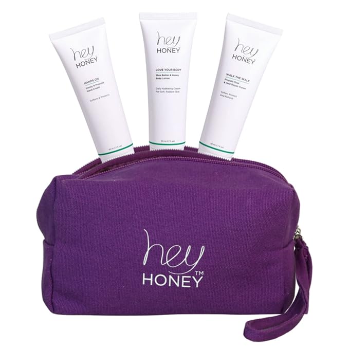 Hey Honey 4pc Set: Love Your Body Lotion, Walk The Walk Foot Cream, Hands On Honey Hand Cream, Eco Makeup Bag. Perfect for Valentine's, Xmas, Birthdays-BrightBean Baby