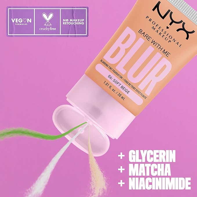 NYX PROFESSIONAL MAKEUP Bare With Me Blur Skin Tint Foundation Make Up with Matcha, Glycerin & Niacinamide - Soft Beige-BrightBean Baby