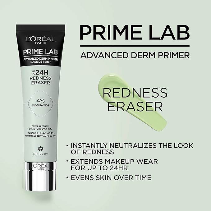 L'Oreal Paris Prime Lab Up to 24H Redness Eraser Face Primer Infused with Niacinamide to Reduce Face Redness and Extend Makeup Wear, 1.01 Fl Oz-BrightBean Baby