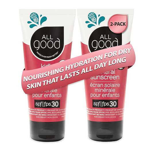 All Good Baby & Kids Sunscreen Lotion for Face & Body - UVA/UVB Broad Spectrum, SPF 30, Zinc Oxide, Coral Reef Friendly, Water Resistant- Zinc, Shea Butter, Coconut Oil, Aloe (3 oz)(2-pack)-BrightBean Baby