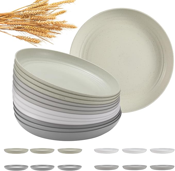 12 Pcs Unbreakable Deep Dinner Plates Set, 10 inch Reusable Plastic Wheat Straw Plates, Microwave and Dishwasher Safe Plate for Kitchen, Lightweight Plate for Dessert, BPA Free, 4 Colors