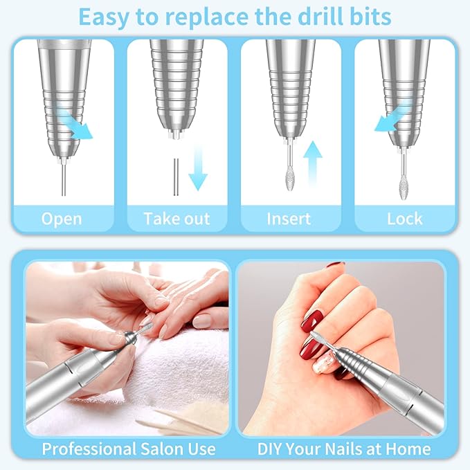 Portable Nail Drill Professional, 35000 RPM Rechargeable Electric Nail File Machine E File for Acrylic Nails Gel Polishing Removing, Cordless E-file with Bits Kit for Manicure Salon Home,Blue-BrightBean Baby
