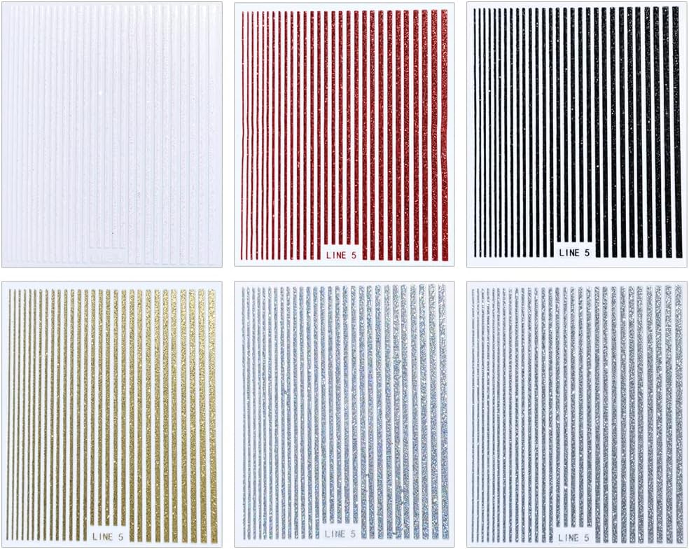 3D Glitter Lines Nail Stickers Holographic Nail Art Stickers Metal Stripe Nail Decals Self Adhesive Geometric Strip Line Nails Stickers Women DIY Nail Supplies,6 Colors/Set-BrightBean Baby